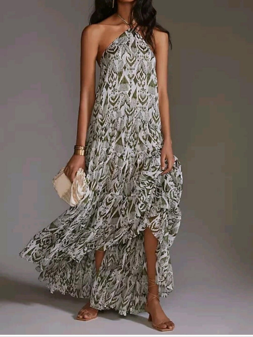 Misa Andromeda Halter Tie Tiered Maxi Dress Moss Green Cream XL